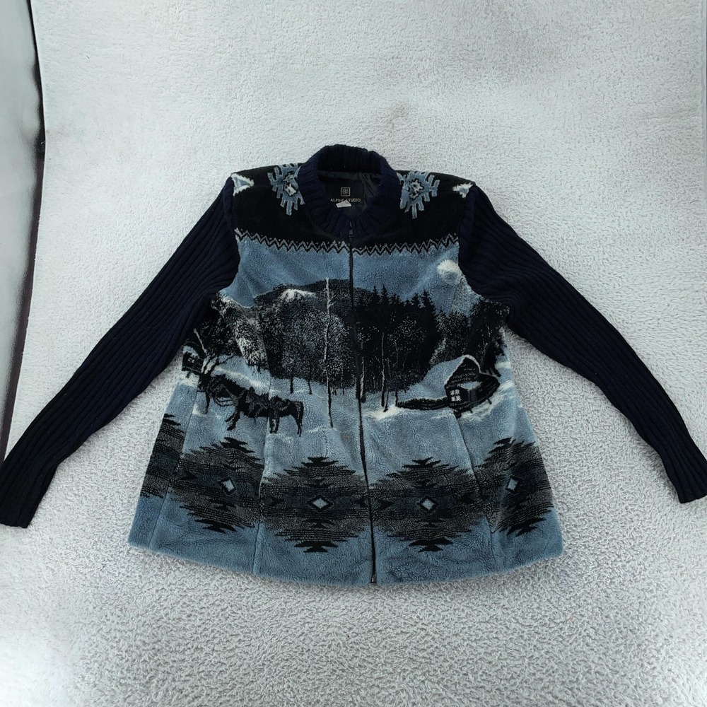 Alpine Studio Winter Scenic Fleece Jacket Womens XL Nature Zip Up Horses Cabin